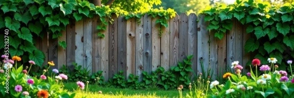 Fototapeta Overgrown wooden fence covered in vines and wildflowers with vintage border elements , wildflowers, greenery