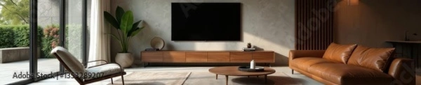 Fototapeta Minimalist living room with mounted flat screen tv, sleek leather sofa, and stylish decor, entertainment, design, tv
