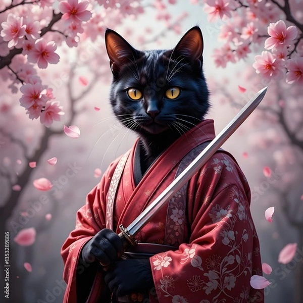 Obraz Samurai Cat in Cherry Blossom Garden