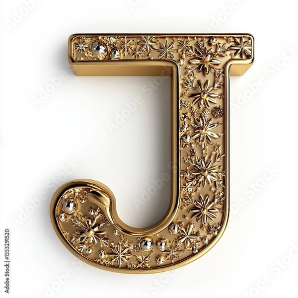 Fototapeta 3D Christmas-themed letter "J" decorated with elegant golden Christmas patterns such as snowflakes, stars, and ornaments,