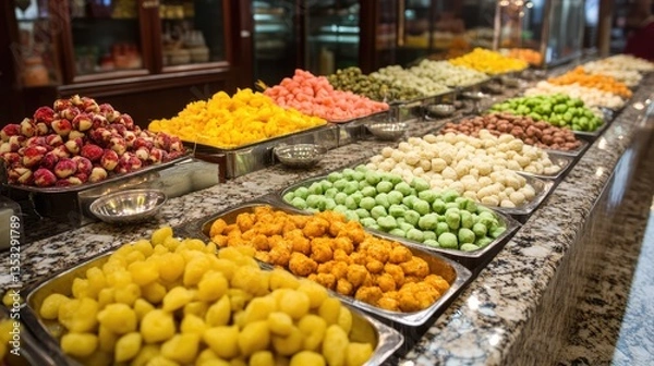 Fototapeta A marble countertop in a luxury paan shop, featuring trays of exotic paan variations with intricate toppings.