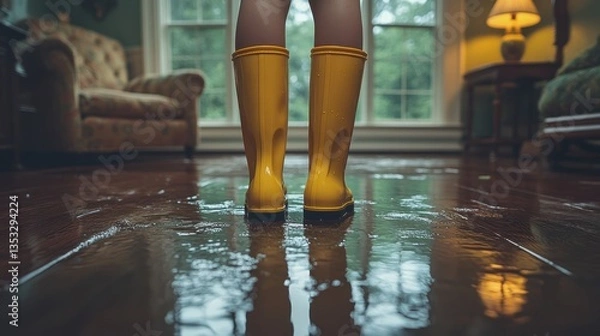 Obraz Flooded House, Yellow Boots, Rainy Day Disaster