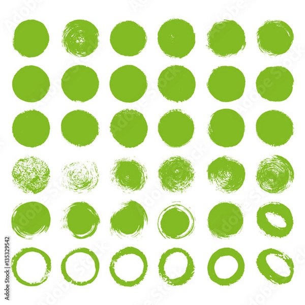 Fototapeta Hand drawn abstract green paint brush circle labels and shapes on white background. Vector natural painted stains set collection.