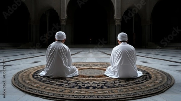 Fototapeta Two men in prayerful posture within a mosque