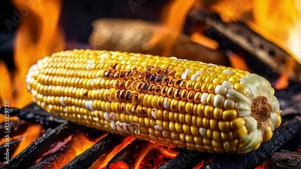 Obraz Grilled corn on the cob roasting over open flame — rustic barbecue food, traditional street snack, summer cooking, fire-roasted vegetable, and authentic outdoor cuisine