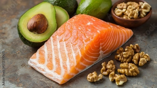 Fototapeta Fresh salmon fillet with avocados and walnuts for healthy eating.