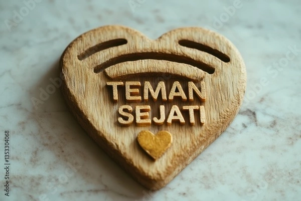 Fototapeta Wooden Heart Symbol with Teman Sejati Text for Friendship Theme