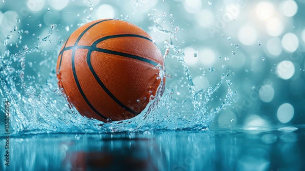 Fototapeta basketball splashes into water, creating dynamic droplets and ripples, set against blurred, shimmering background. scene captures excitement and energy of moment