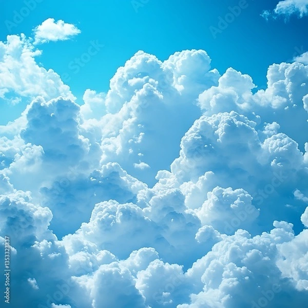 Fototapeta Beautiful fluffy white clouds floating serenely across a bright blue sky