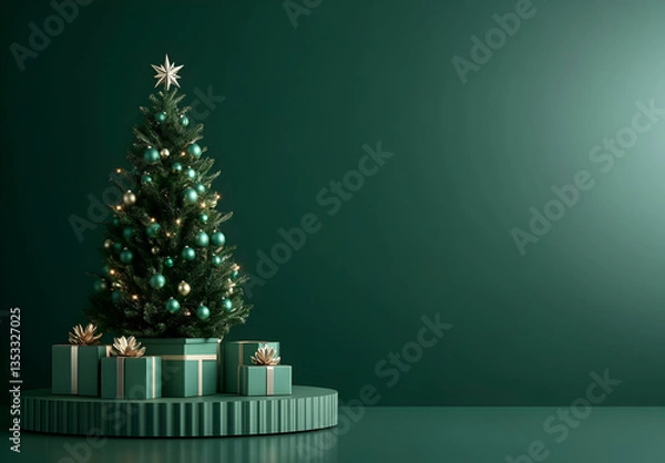 Fototapeta Elegant Christmas Tree with Gift Boxes in Green Setting