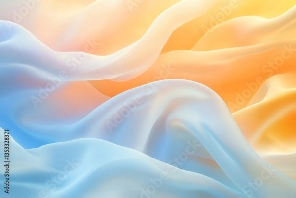 Fototapeta Soft, flowing, pastel-colored silk fabric drapes.  Sunrise glow background.  Fashion, design inspiration