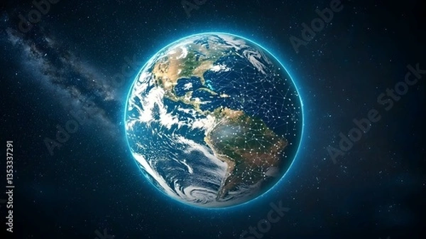 Fototapeta The image shows a detailed rendering of planet Earth, centered on the Americas, set against a backdrop of stars and the Milky Way.  A network of glowing lines connects various points across the surfa