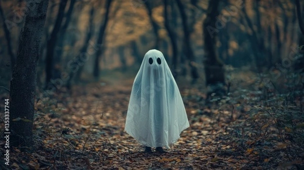 Obraz A child dressed as a spooky ghost in a white sheet for Halloween