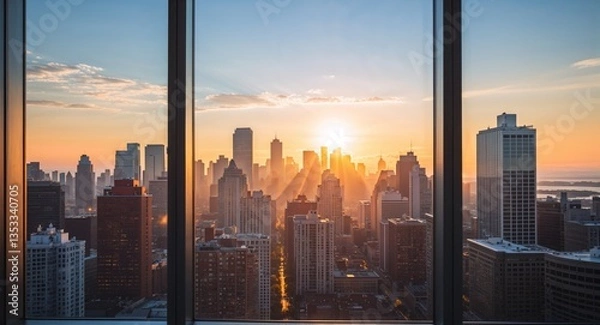 Obraz Morning skyline view from highrise office window with glowing sunlight