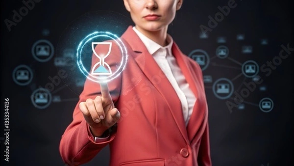 Obraz Business time notify. Woman in coral blazer interacts with a digital hourglass interface on a dark background, surrounded by network connection