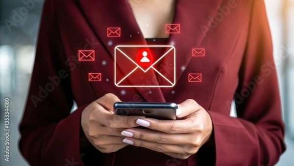 Obraz Business time notify. Woman in a burgundy blazer uses smartphone, glowing red email notification with person icon hovers above device. Blurred