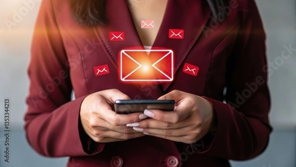 Obraz Business time notify. Woman in a maroon blazer checks her smartphone. Red glowing email icons float above the device, indicating new messages. Soft