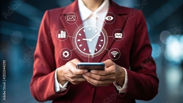 Obraz Business time notify. Woman in red blazer uses smartphone, glowing clock and application icons surround the device. Dark blurred city background. 