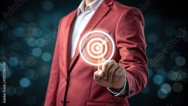 Fototapeta Business time notify. Person in red blazer interacting with a glowing target graphic, dark bokeh background. Focus on hand and target, suggesting