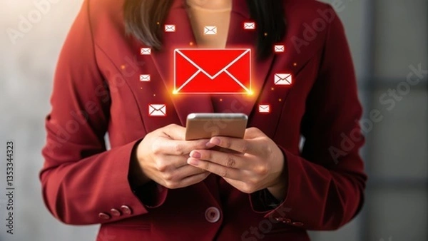 Obraz Business time notify. Woman in a red blazer uses her smartphone to check emails. A glowing red email icon hovers above the phone, surrounded by