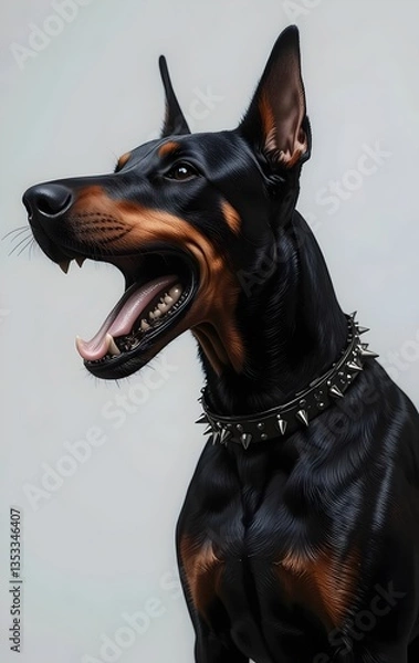 Fototapeta a close up head shot of a mean, viscious, aggressive doberman black dog barking  snarl, teeth, growling, canine, attack, guard, dangerous, menacing, powerful, pet, animal, portrait, scary, guard dog