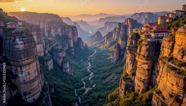 Fototapeta Sunset view of monasteries on cliffs overlooking a lush valley with winding paths