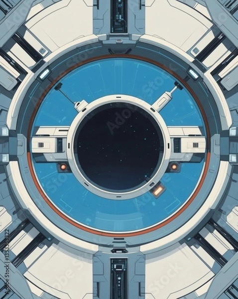 Obraz a futuristic spaceship window looking into outer space, revealing a glimpse of the vast cosmos. The circular window is framed by a high-tech design, with intricate details and cool tones