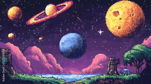 Obraz Pixel Art Space Landscape With Planets And Stars