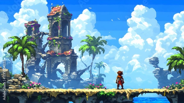 Obraz Pixel Art Tropical Island Ruins Landscape