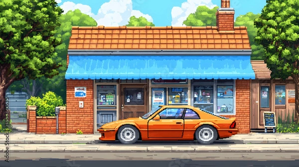 Obraz Pixelated Retro Orange Car In Front Of Blue Striped Store