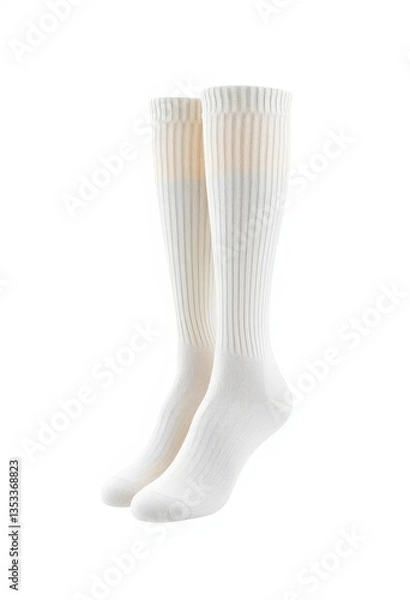 Fototapeta Pair of tall, crisp white cotton socks isolated on pure white background, studio shot, apparel