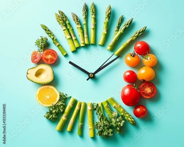 Fototapeta Intermittent Fasting, A creative clock made from fresh vegetables, showcasing healthy eating and time management.