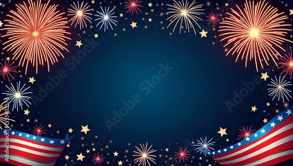 Fototapeta Explosive Fireworks and Bold Patriotic Stars Frame for Dynamic Independence Day Messages