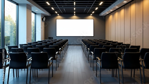 Fototapeta Contemporary Conference Room Design: Modern Flat Illustration with Black Chairs, Large Screen, and Scenic Windows Overlooking Lush Trees for Smart Business Meetings