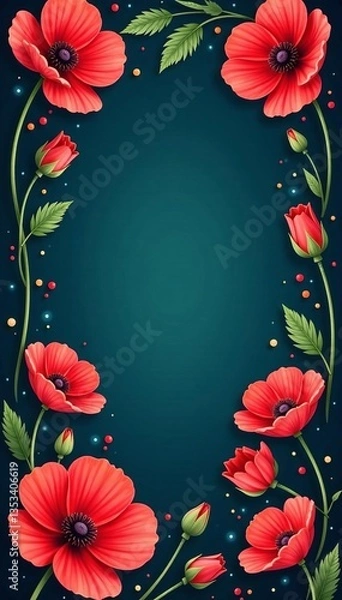 Obraz Beautiful poppy flowers creating a border frame for designs, red, botanical