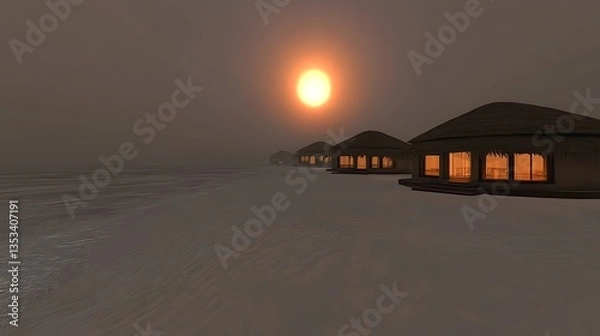 Fototapeta Several beach huts illuminated by the setting sun on the water