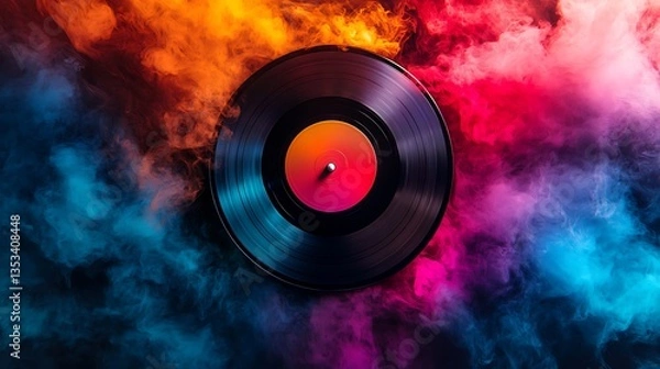 Fototapeta Retro vinyl record spinning with colorful smoke for a music review banner full of nostalgia