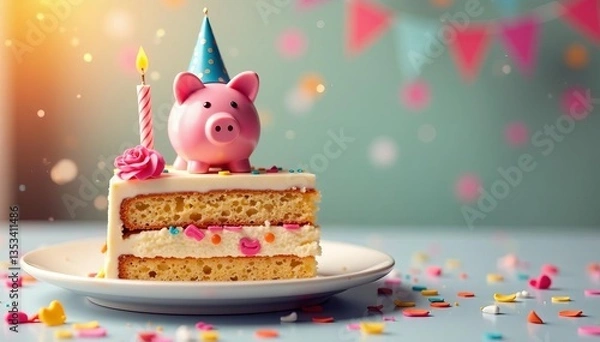 Obraz Birthday cake slice with piggy bank surrounded by confetti and candles, party, dessert