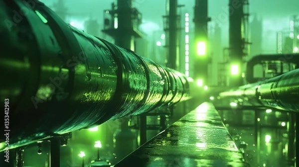 Fototapeta A futuristic industrial landscape featuring glowing green pipes and machinery under a misty atmosphere at night