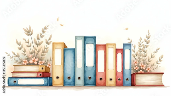 Fototapeta Hand Drawn Watercolor Illustration of Binders for Organizing Papers - Perfect Nursery Art Clipart on White Background with Empty Space for Customization