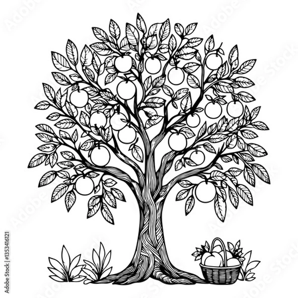 Obraz Black and White Apple Tree Vector Illustration with Ripe Apples