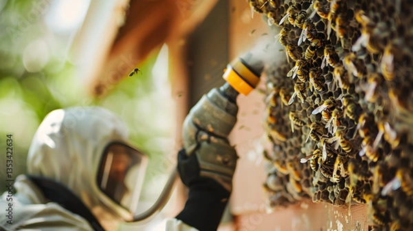 Fototapeta Professionally Handled Wasp Nest Removal in a Residential Setting