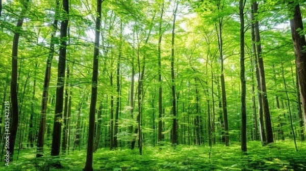 Fototapeta Lush green forest filled with tall trees and bright sunlight