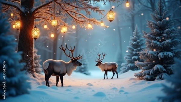 Fototapeta a magical winter forest scene with reindeer, twinkling lights, and falling snow. The reindeer stand in the snow under the softly glowing lights, creating a serene atmosphere