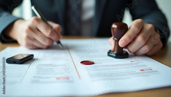 Obraz Professional Stamping Approved Seal on Documents and Visas: A Tidy Desk Setup Illustration