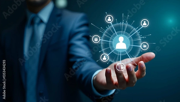 Fototapeta Businessman Demonstrating CRM for Customer Relationship Management: Futuristic Graphic Interface for Sales & Marketing with Database Analysis - Stock Photo Concept