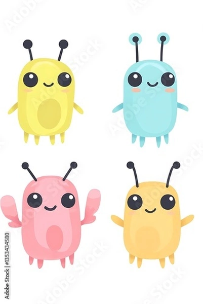 Fototapeta Four Cartoon Creatures Of Various Colors Looking Playful And Cute