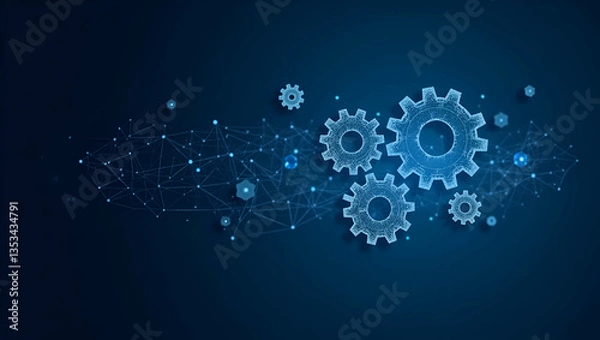Obraz E-Commerce Shopping Online: Logistics & Transportation Visualized with Low-Polygonal Cogs, Gear Wheels, and Blue Mesh Dots - A Unique Concept for Buy and Sell in Stock Photography