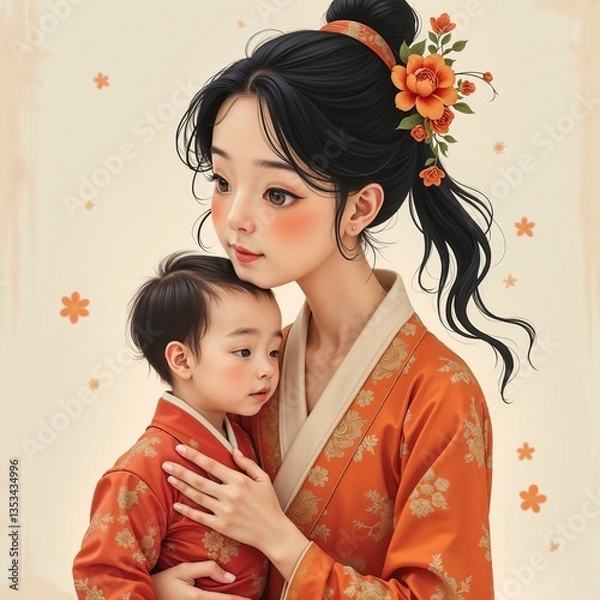 Fototapeta Mother and Child in Traditional Attire, Warm and Loving, Holding Each Other Tenderly Against a Soft Beige Background