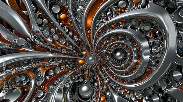 Fototapeta A fluid fusion of silver mercury and industrial rust, forming organic shapes.